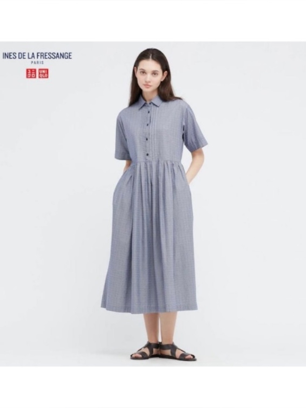 Ines de La Fressange x Uniqlo Pintuck Pleat Short Sleeve Blue Midi Dress Size M